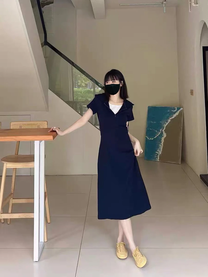 2025夏季休闲复古法式显瘦连帽假两件收腰连衣裙