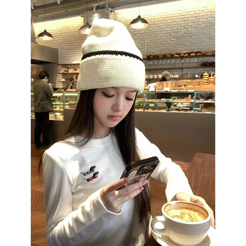 韩系chic复古腊肠小狗刺绣长袖t恤女秋冬季修身显瘦德绒打底上衣