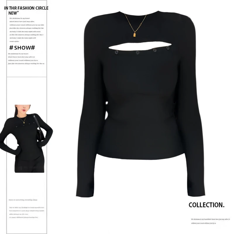 辣妹小众设计感镂空纽扣长袖T恤早春2025新款甜辣显瘦打底衫T恤女