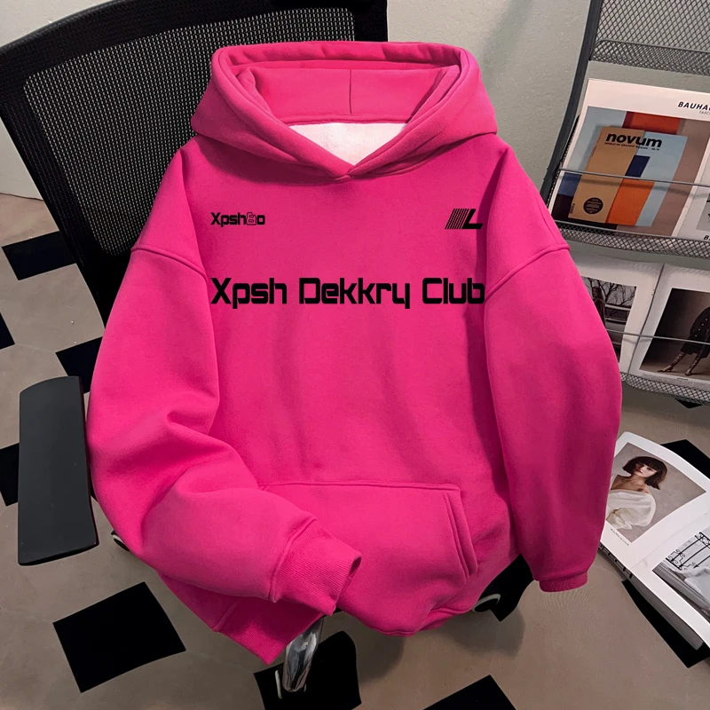 Dekkry潮流创意字母印花秋冬火龙果色连帽卫衣男女休闲情侣装上衣