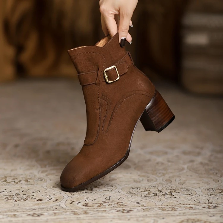 李大龙~6.5公分牛皮英伦风复古皮带扣粗跟马丁靴