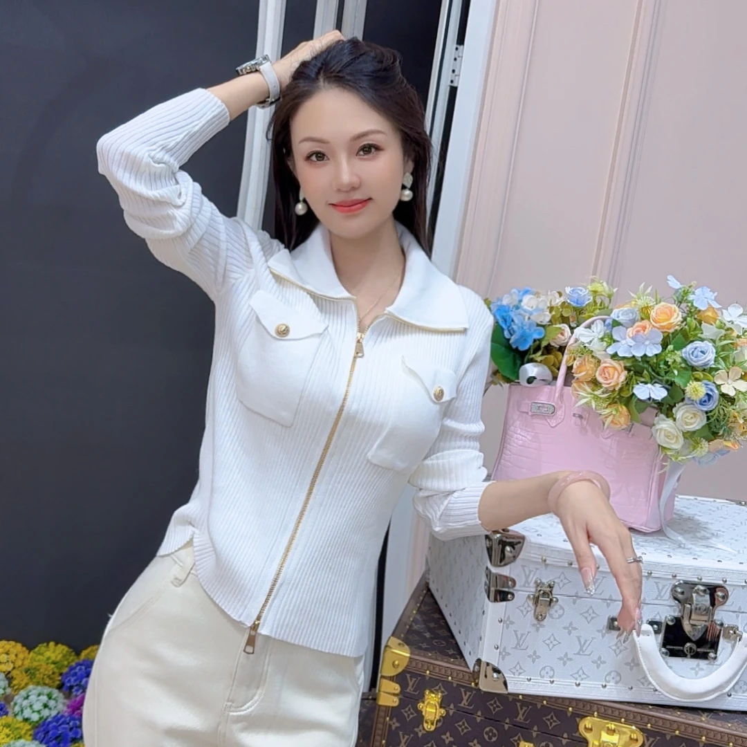 洋气百搭时尚内搭毛衣女2025秋冬新款Polo领针织拉链开衫外套T369