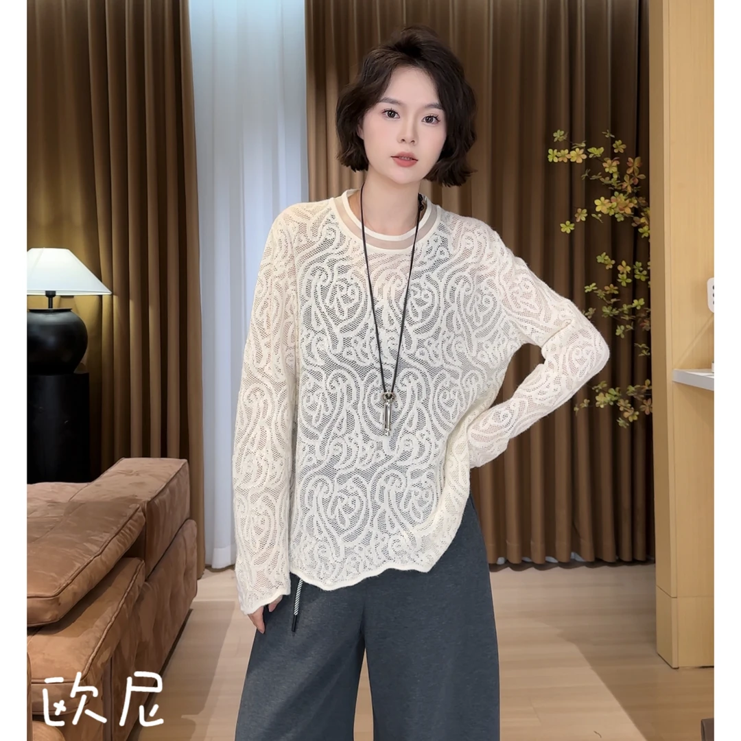 欧尼私服 2024秋冬 腰果花蕾丝贴布绣波浪锁边上衣打底2412B5959