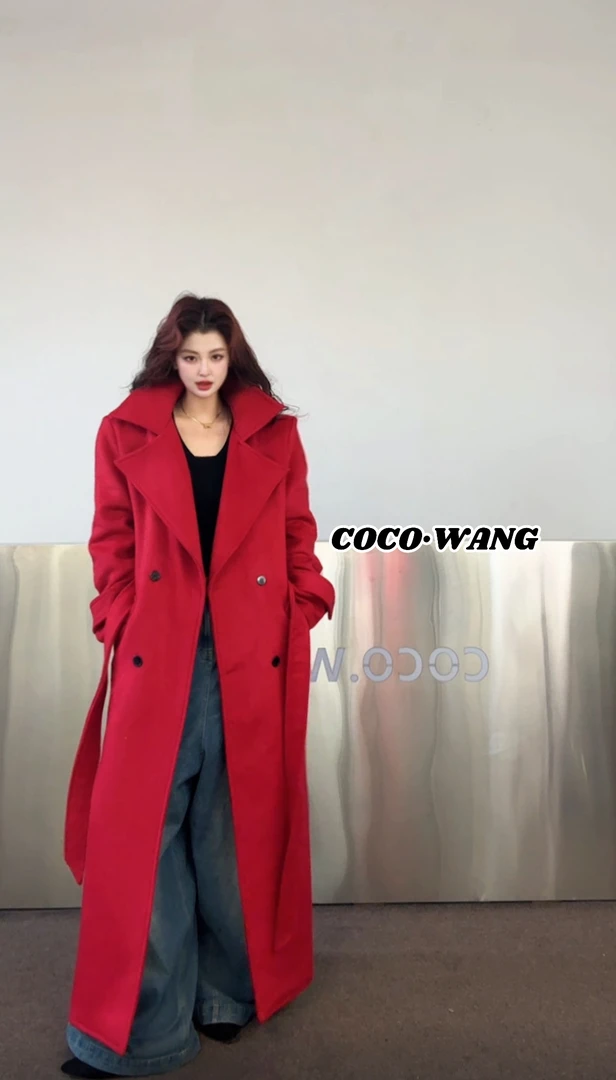 二姐冬日收关：红色高个气质绵羊毛大衣#884321