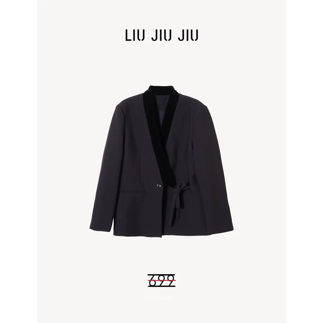 LIUJIUJIU 欧货赫本风丝绒拼接边际感V领绑带设计感西装XZ4816L