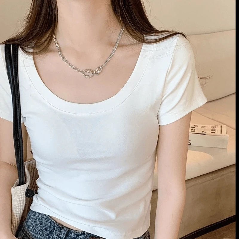 ins正肩短袖t恤女夏季打底显瘦修身锁骨甜辣短款上衣甜美