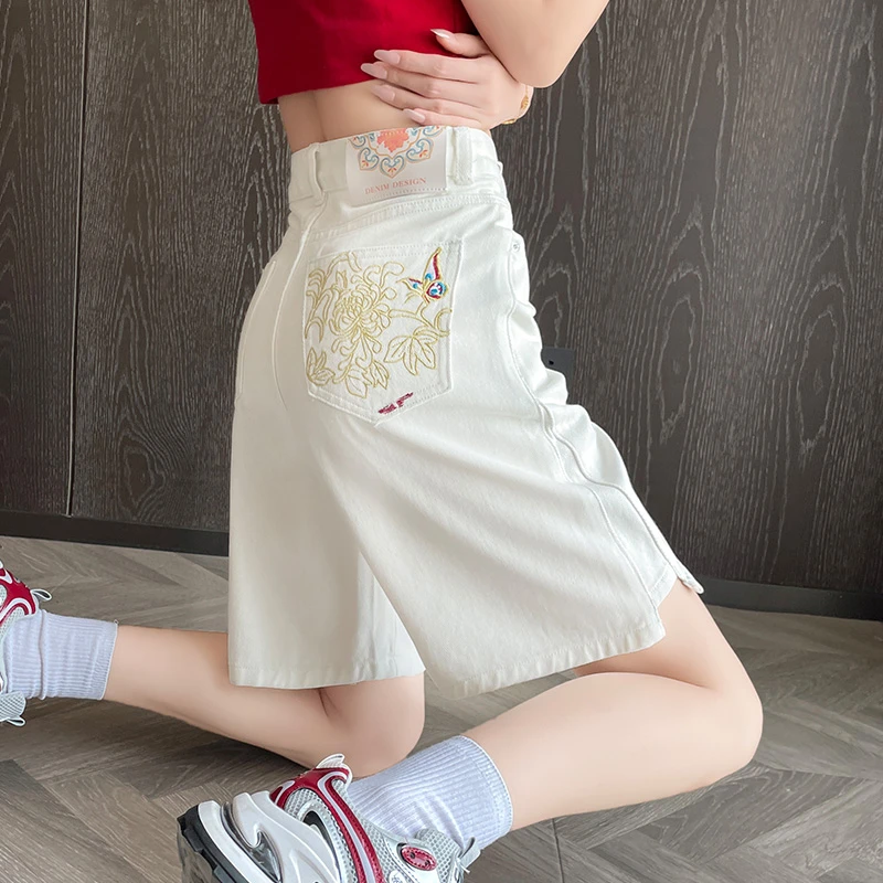 白色五分牛仔短裤女夏季薄款外穿高腰显瘦百搭a字直筒阔腿中裤子