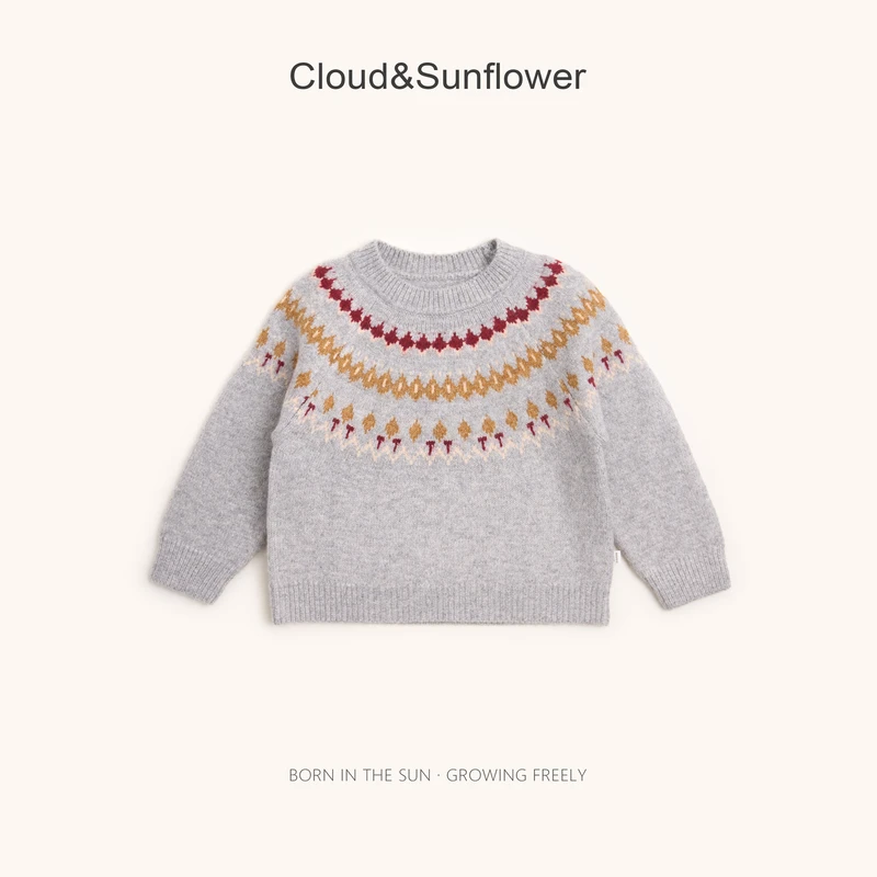 【云朵小葵】女童冬季三条小花圆领灰色针织毛衣555455