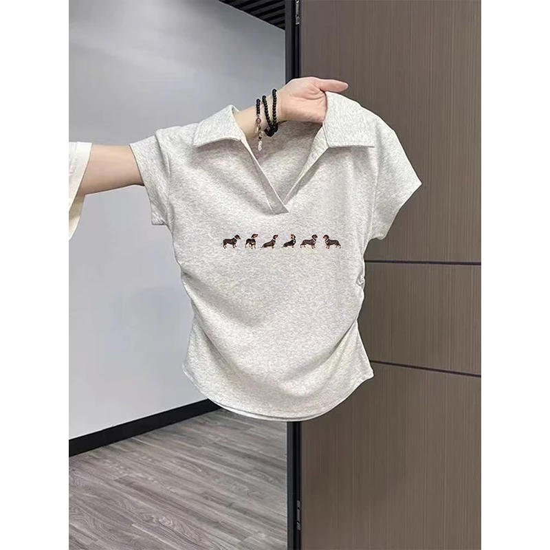 设计感翻领polo衫正肩t恤短袖女夏季辣妹v领修身褶皱短款纯棉上衣