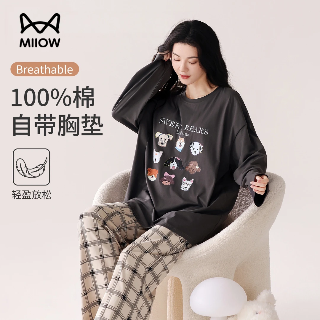 猫人纯棉睡衣女春秋季款2025新款长袖卡通可外穿带胸垫家居服套装