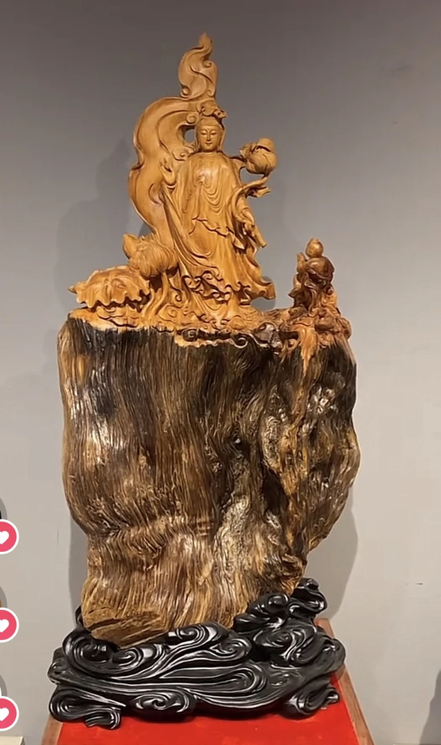 崖柏童子拜观音摆件