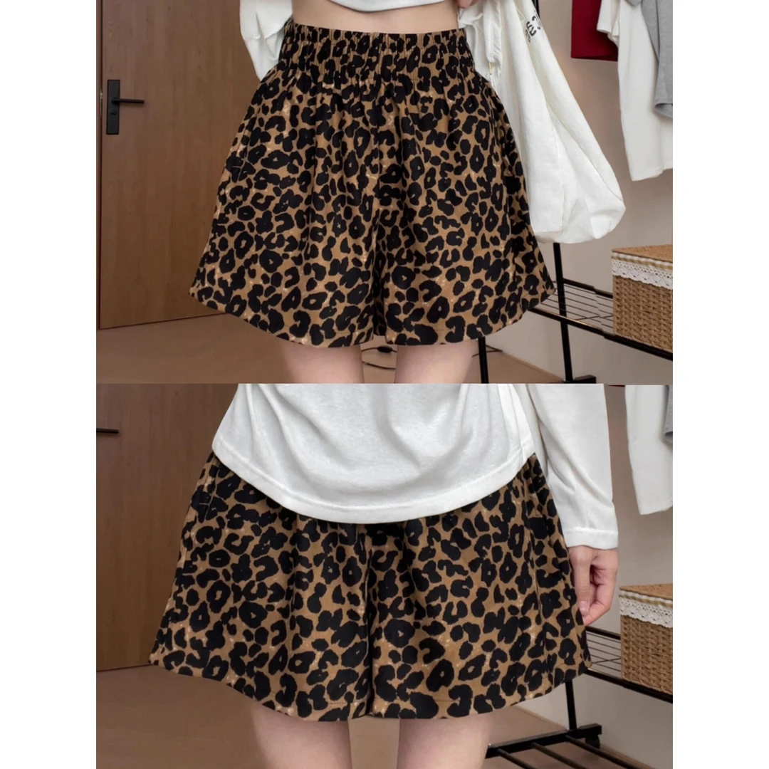 豹纹休闲短裤女夏薄款胖妹妹mm梨型身材高腰宽松显瘦阔腿五分中裤