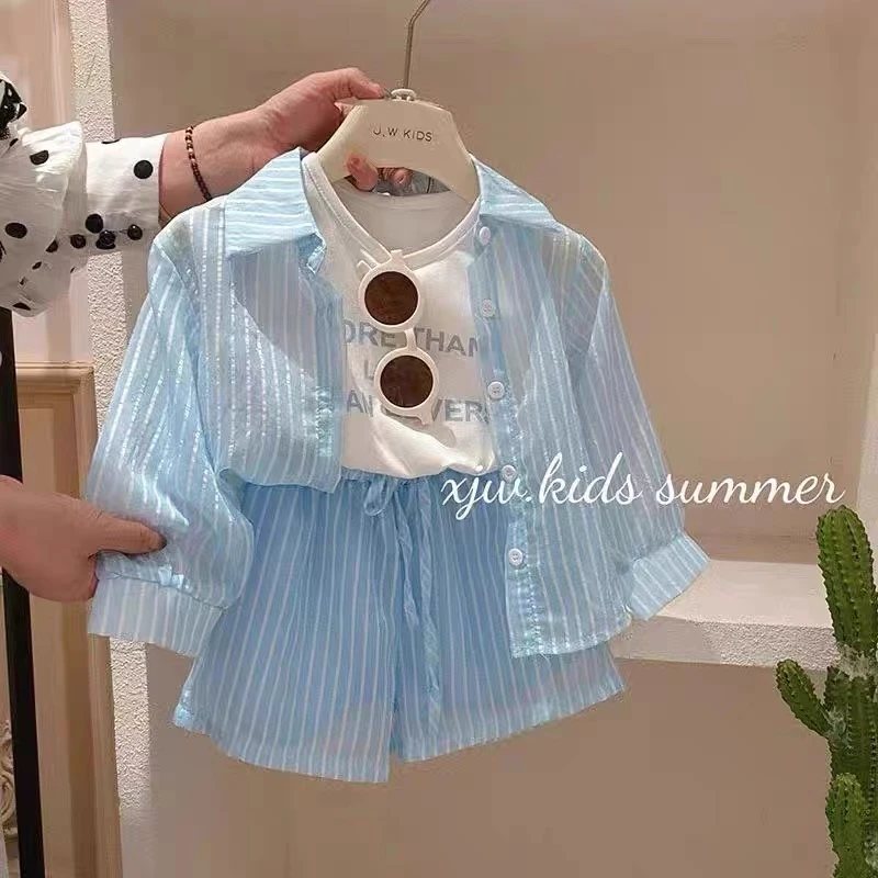女童夏季防晒三件套时髦洋气2025新款夏装韩版轻薄透气宝宝背心