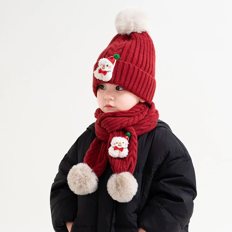 FAVMARTHA儿童帽子围巾套装可爱圣诞节新年红色针织保暖男童女童