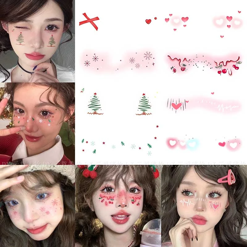 圣诞节脸贴彩色纹身贴纸甜心少女氛围感蝴蝶结卡通腮红妆派对必备