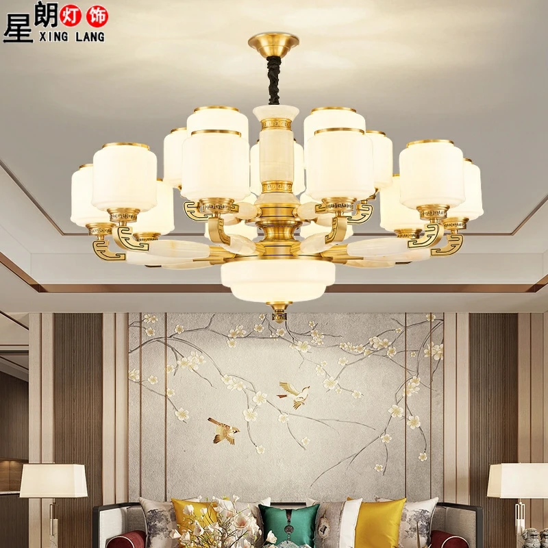 全铜新中式客厅吊灯玉石高端大气中国风餐厅别墅挑空复式楼大吊灯