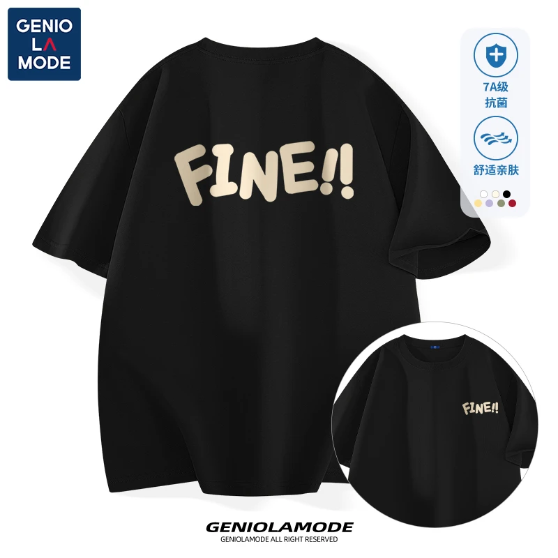 GENIOLAMODEt恤短袖男士美式街头字母黑色半袖25夏季抗菌圆领上衣