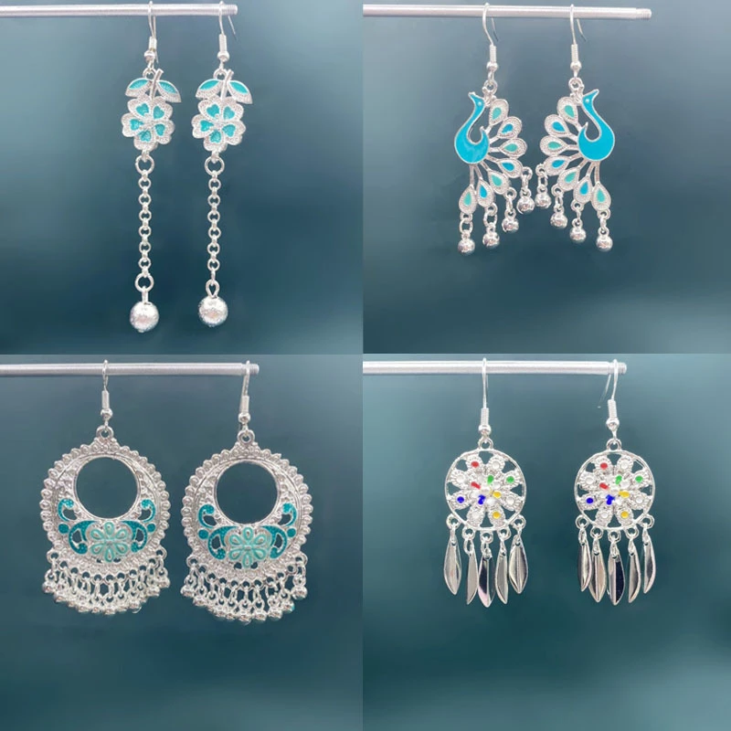 合金耳饰 苗族耳环新疆民族风复古耳坠花朵流苏彩色孔雀短款耳环