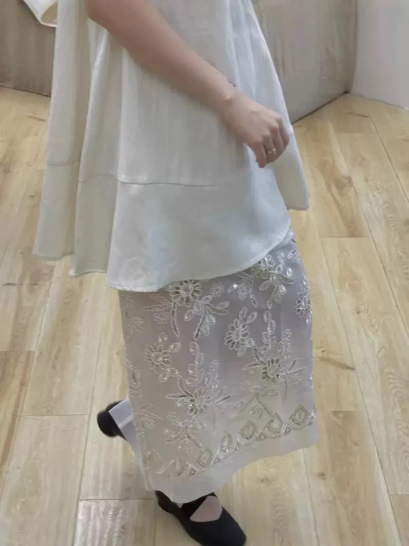 2025夏季新款法式重工半透纱珠片刺绣双层半身裙女