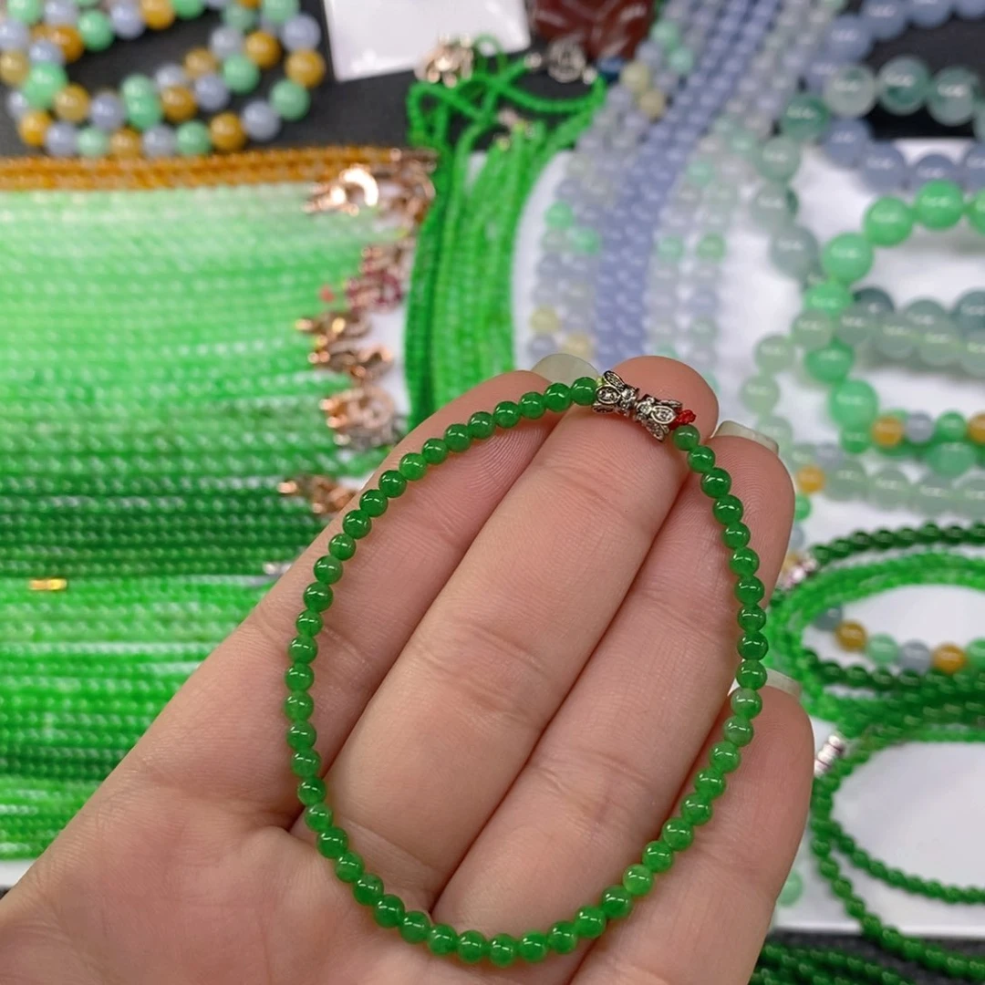 颈饰未镶嵌翡翠缅甸天然翡翠阳绿小米珠手链3.6