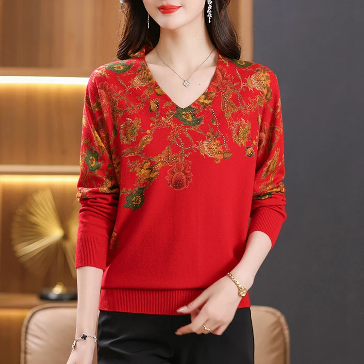 v领针织衫女中年妈妈款碎花毛衣打底衫套头毛衫上衣中老年妈妈款
