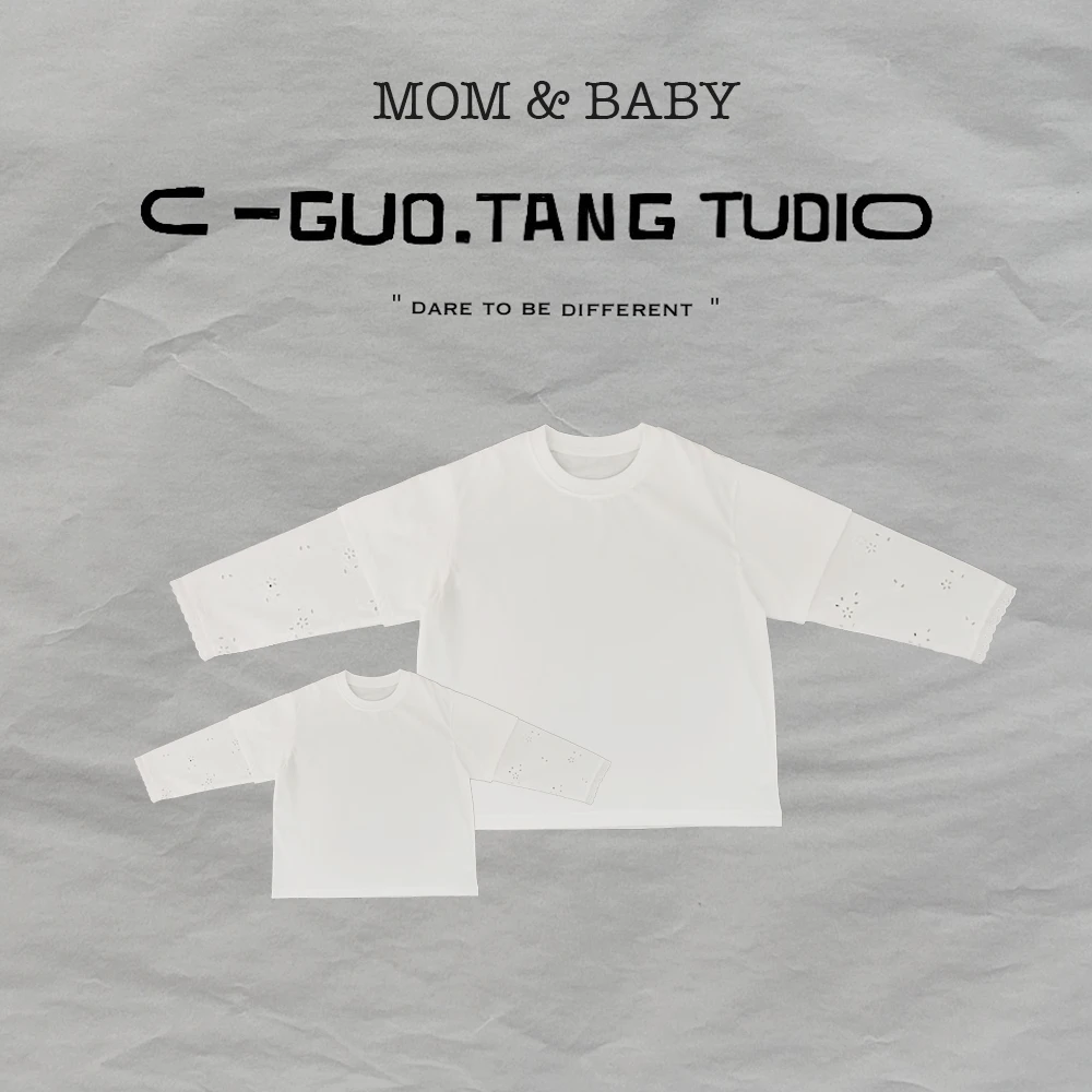 C-Guo.Tang Studio亲子韩系白T拼蕾丝袖调感薄棉母女装T恤百搭