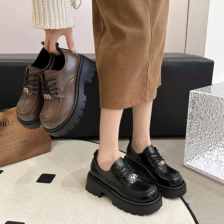 编码【001-074】女鞋粗跟时尚休闲风乐福鞋日系学院风圆头系带皮鞋