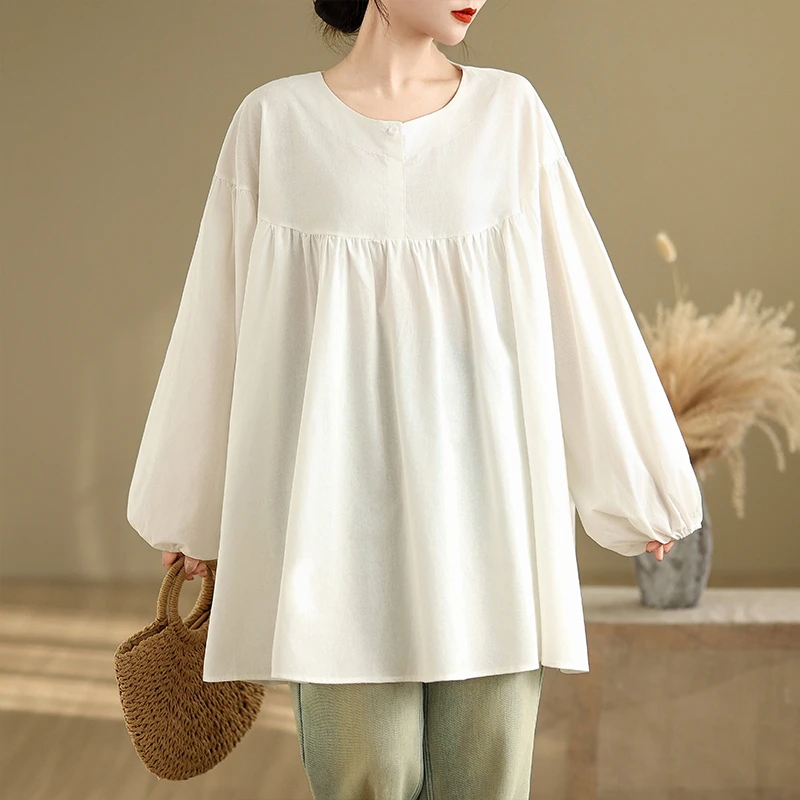 2025春秋季纯色拼接灯笼袖圆领衬衣宽松时尚休闲百搭显瘦衬衫女式