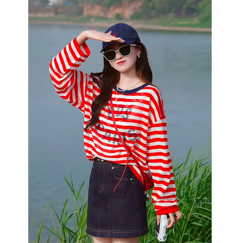 【撞色条纹】2025春季新款宽松显瘦百搭撞色字母透气长袖上衣女