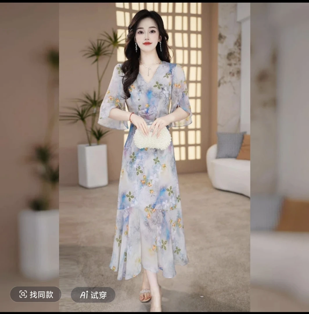 【千羽定制】洋气印花旗袍连衣裙2025年夏季气质优雅显瘦鱼尾裙子