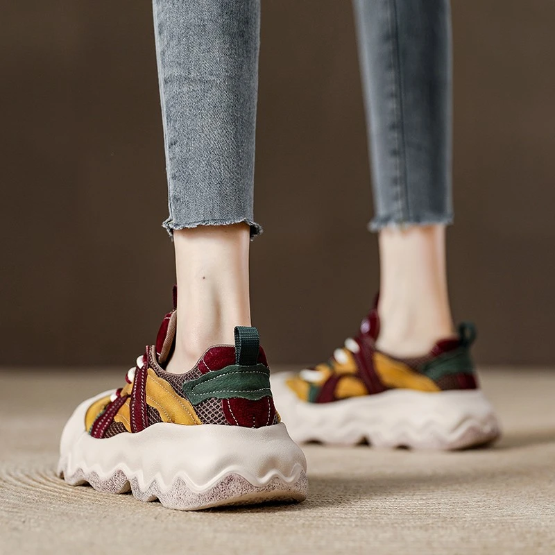 复古厚底增高真皮运动老爹鞋女2025春季新款软底拼色时尚休闲鞋女