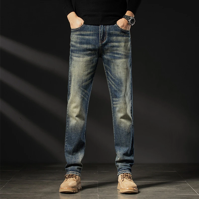 春秋新款经典复古蓝男士牛仔裤2024春季韩版修身直筒弹力休闲长裤
