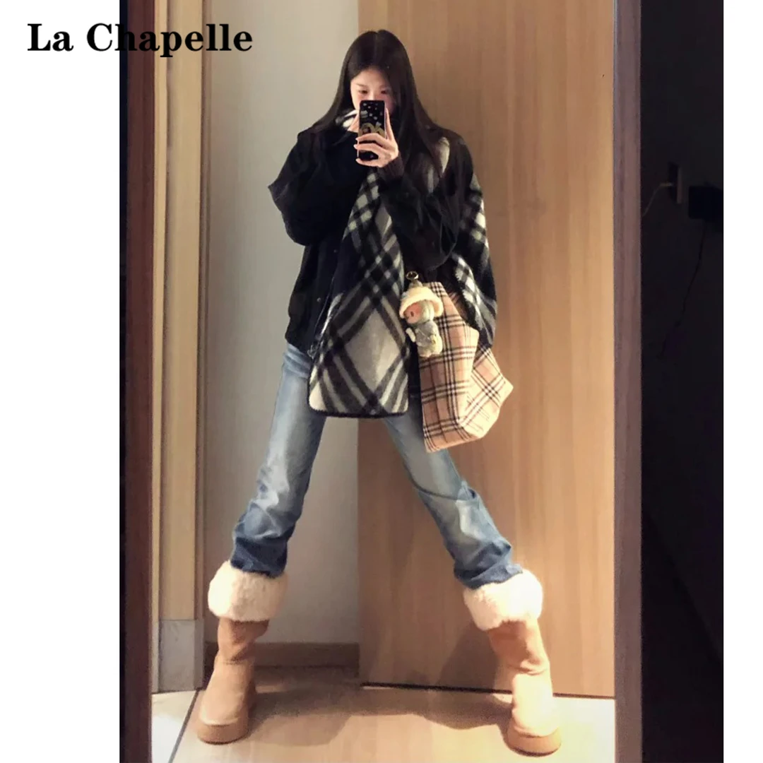 拉夏贝尔高腰直筒牛仔裤女冬季2025新款重工水洗猫须窄版阔腿裤子