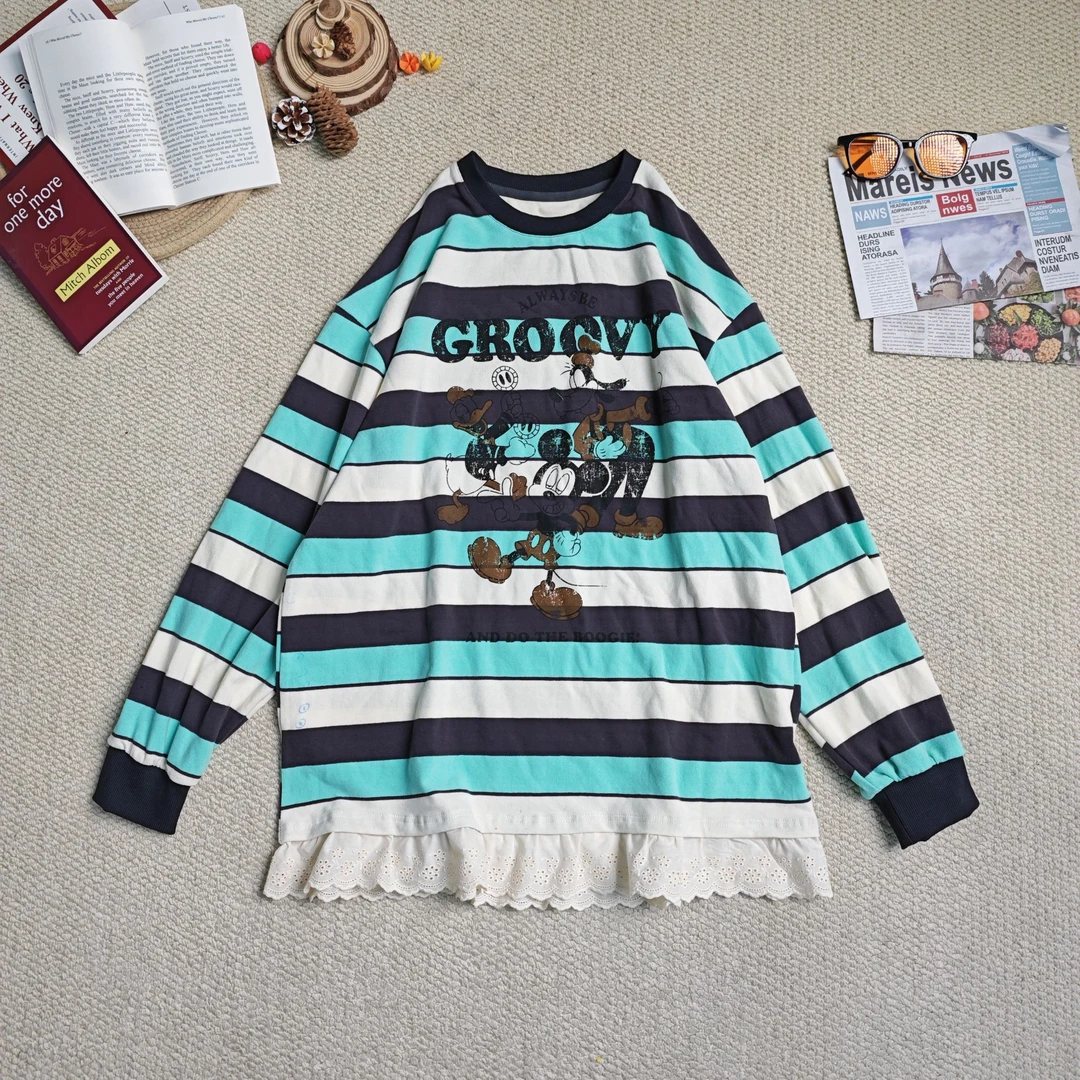 2025早春新款休闲时尚百搭条纹拼蕾丝打底长袖T恤9134