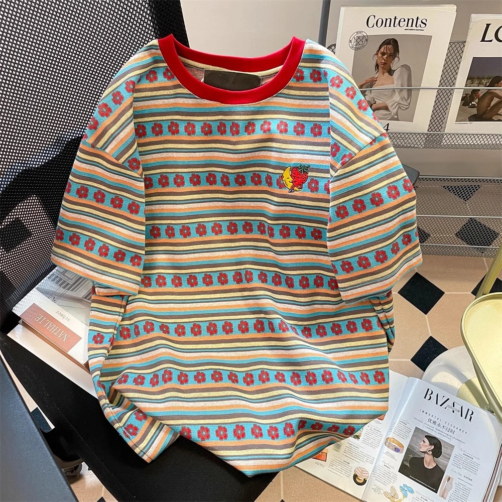 设计感古着彩色条纹花朵短袖T恤男女夏新款小众独特正肩休闲上衣