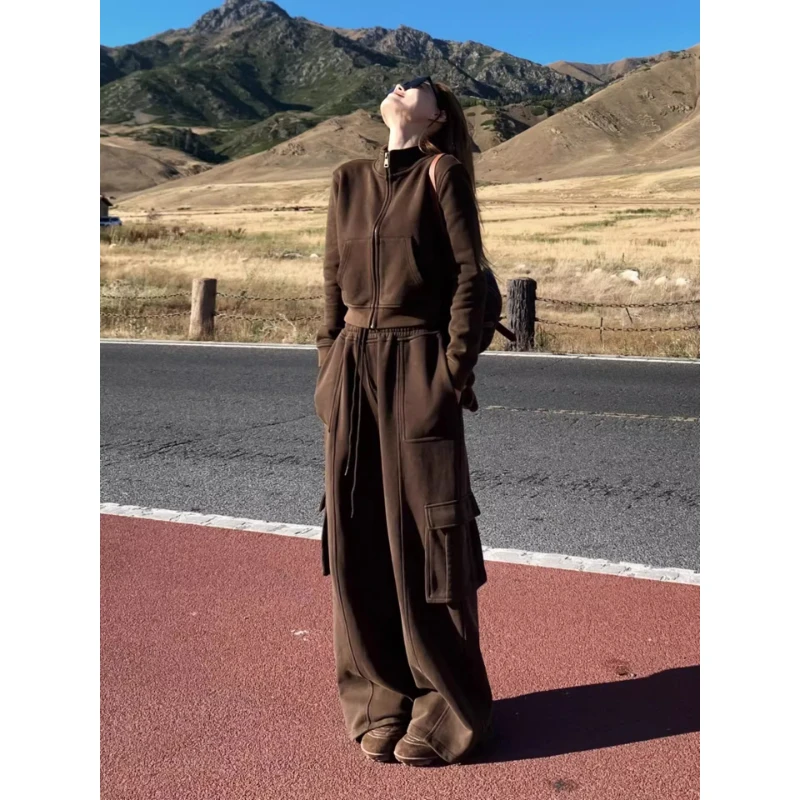 美式复古运动服套装女秋季宽松显瘦时尚炸街卫衣阔腿裤休闲两件套