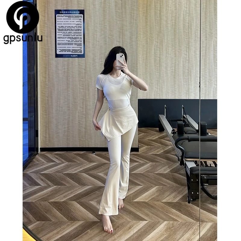 纯欲风普拉提瑜伽服套装女夏季健身短袖T恤显瘦高腰喇叭裤