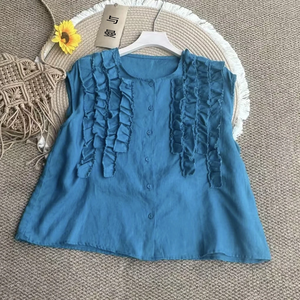 汉麻100%V领常规碎花木耳夏季修身型衬衫蓝色衫美式流苏时尚MY