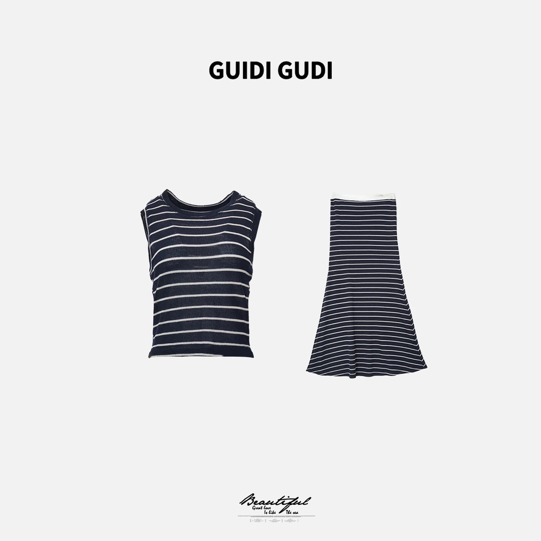 GUIDI GUDI【钢琴键】女人味显瘦背心半裙套装 /黄加蓝