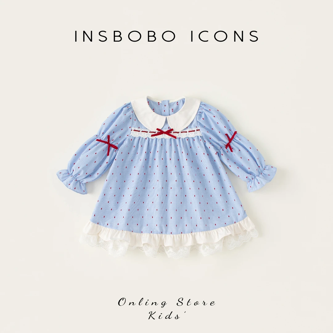 INSbobo女童学院风裙子春季新品洋气娃娃领格子连衣裙CQ25069