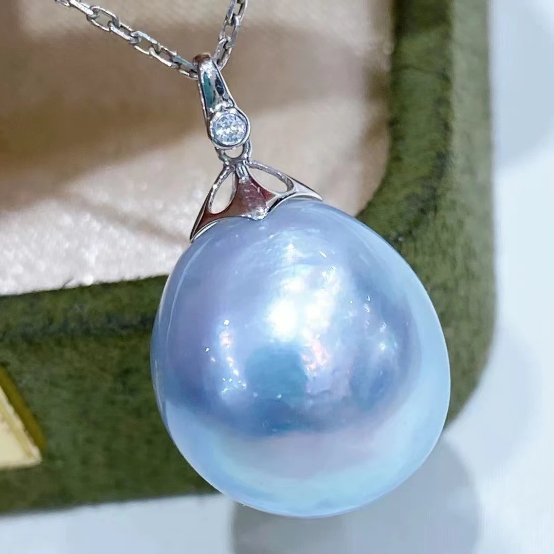 极光蓝血 14×15.1mm 18K金澳白海水巴洛克珍珠吊坠 炫彩