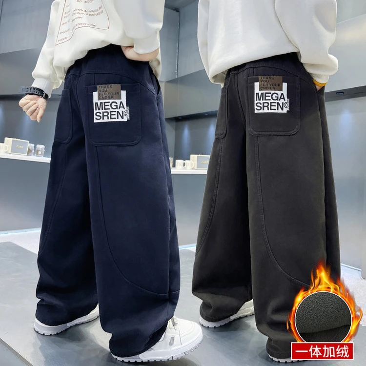 男童冬季加绒裤子一体绒儿童宽松加厚休闲裤中大童6-15岁冬款痞帅