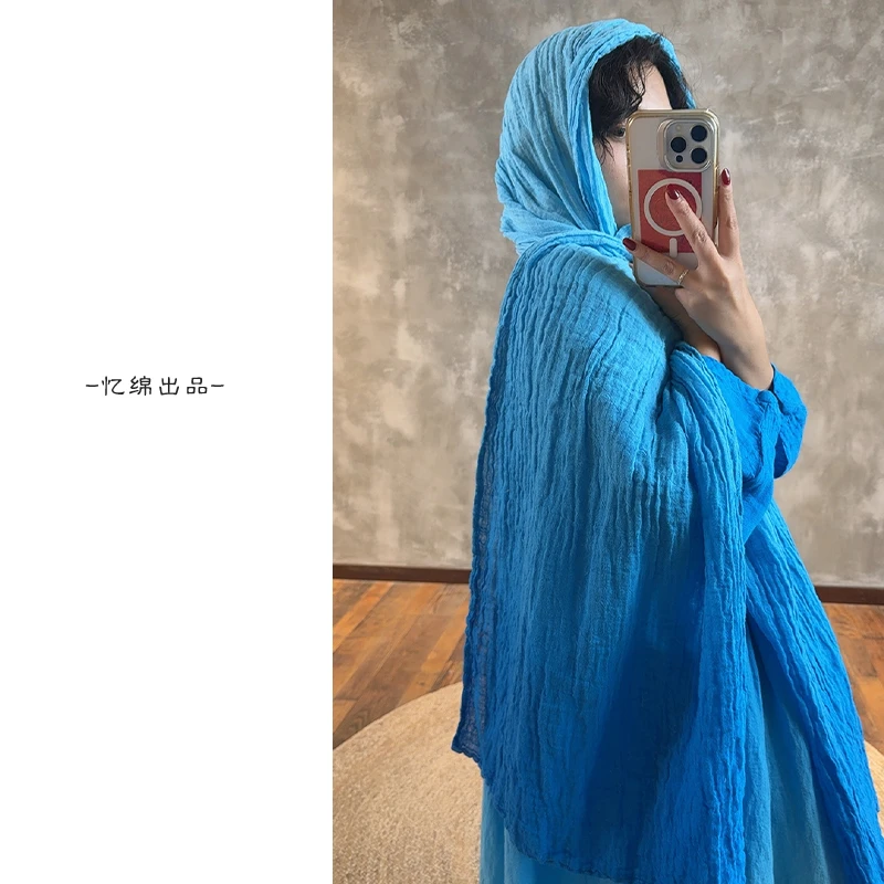 忆绵出品亚麻渐变定制款文艺褶皱氛围感围巾