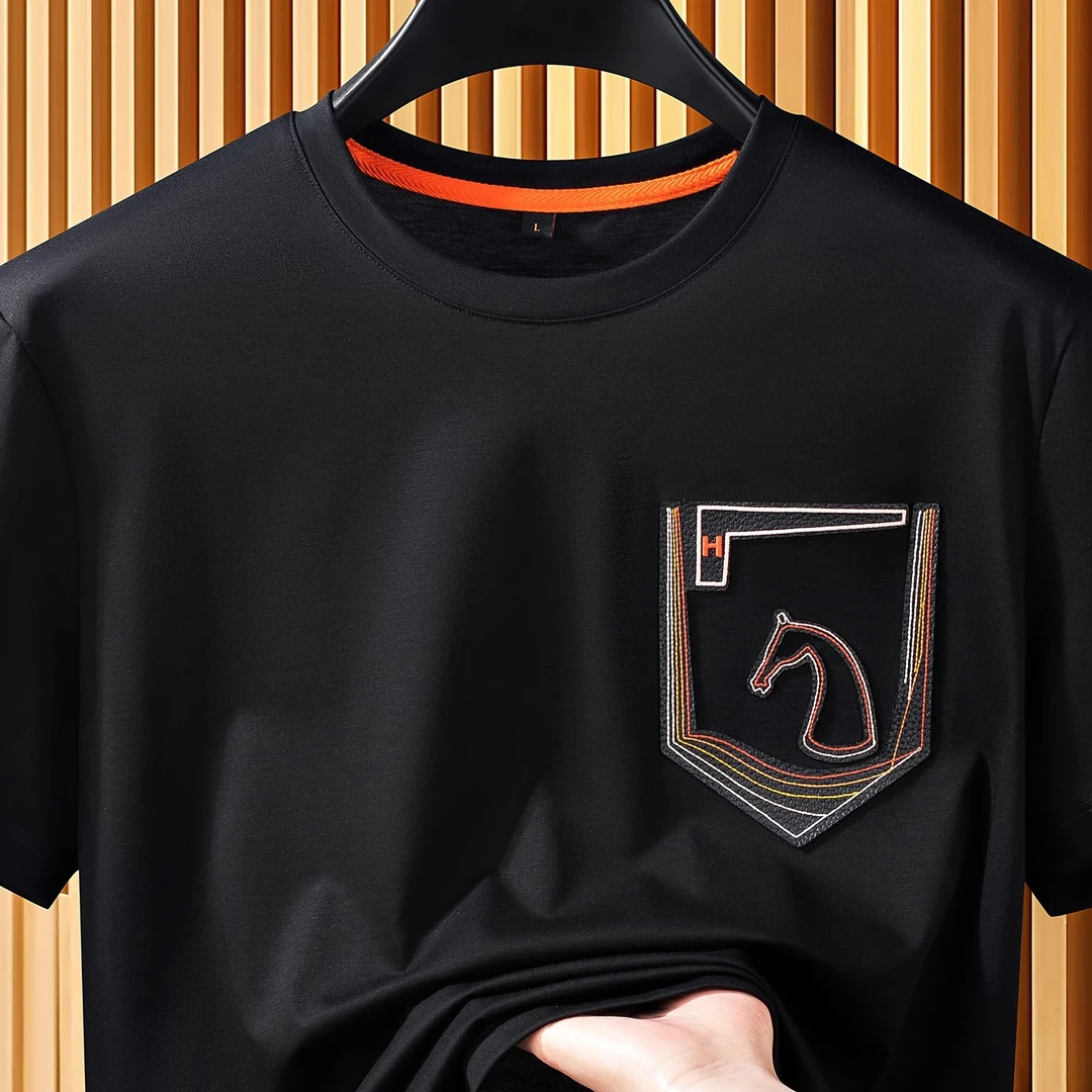 HOROHUVEN霍罗哈芬夏季时尚莱赛尔精致刺绣男士圆领短袖t恤男