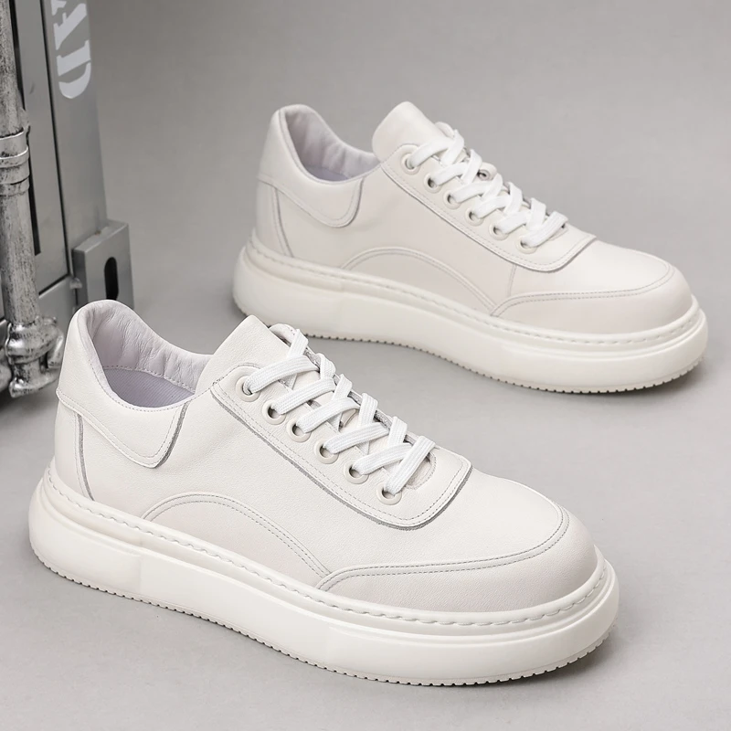 2025新款男鞋夏季潮鞋真皮透气厚底增高端小白鞋轻便白色休闲板鞋