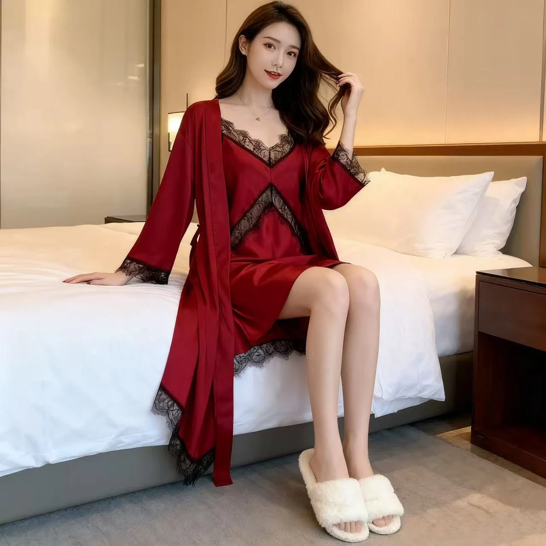 秋夏季吊带睡裙睡袍薄款纯欲甜美女蕾丝七分袖长袖晨袍春夏