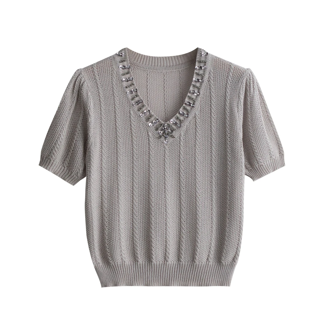 【大姑窝窝】短袖上衣毛衣针织衫夏季镂空圆领女装蕾丝短款时尚休闲