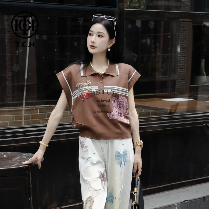 TCH烫钻工艺轻奢绣花印花时尚休闲百搭气质针织T恤女T75B09E5058