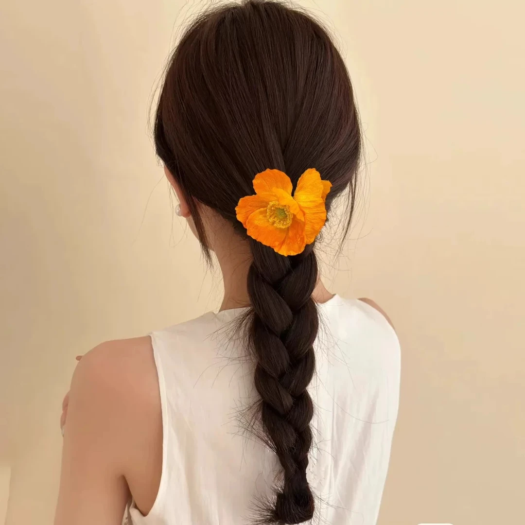 清新香橙虞美人发圈仿真布艺扎丸子头发饰花朵发绳女高级感发圈