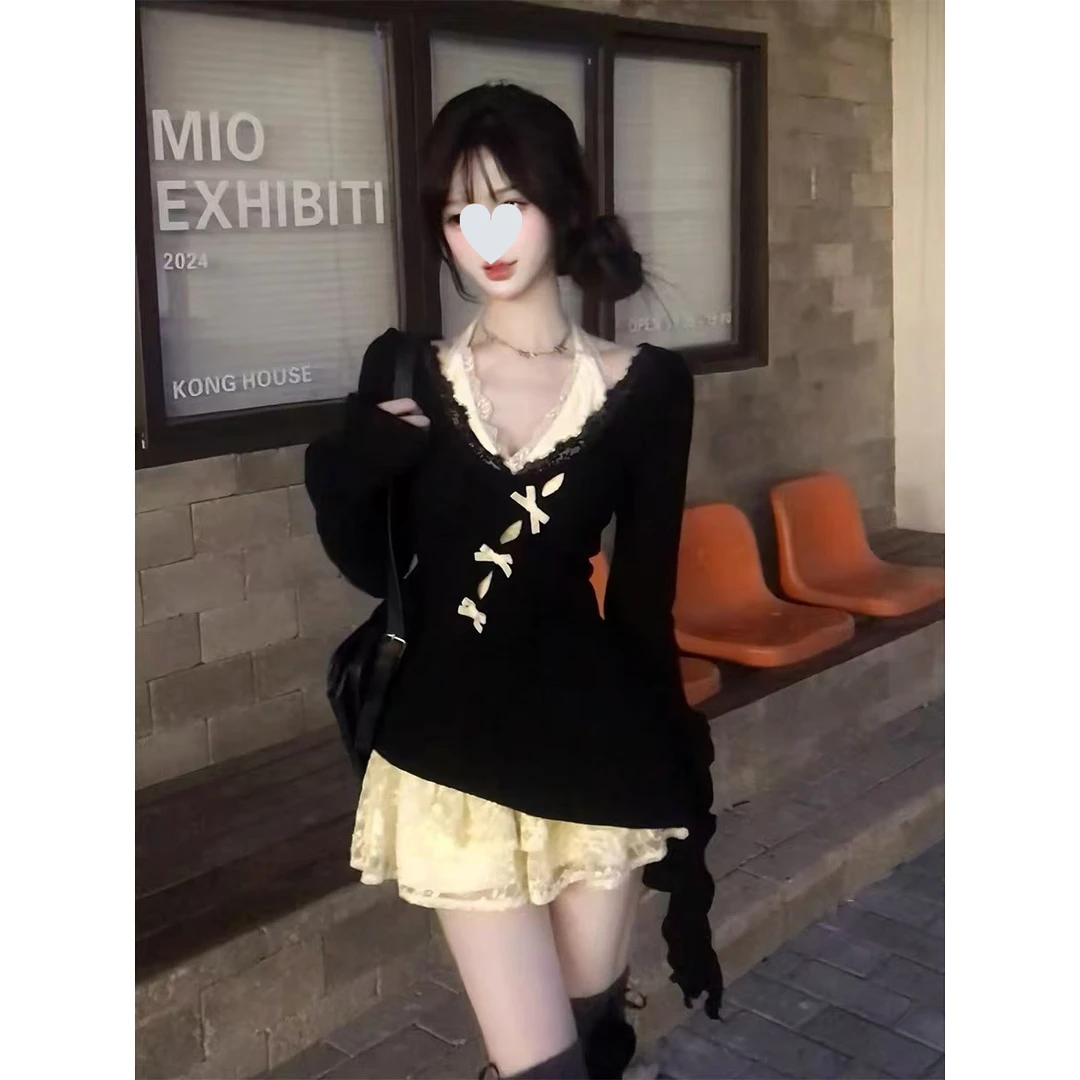 深秋初冬穿搭小个子纯欲风高级感针织罩衫蕾丝连衣裙子两件套装女